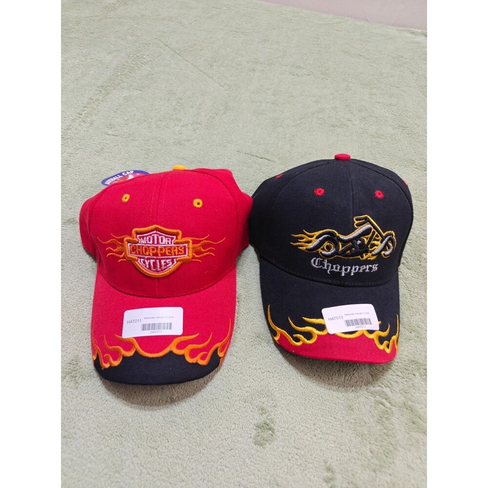 Lot of 2 Choppers Mens Baseball Cap Hat Flame Biker Embroidered NWT Black Red